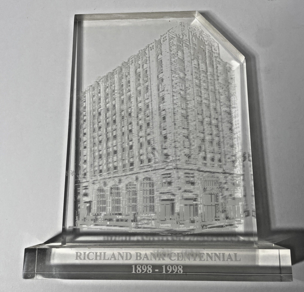 Richland Bank Centennial 1898 - 1998 Lucite Acrylic Building Paperwieght Award